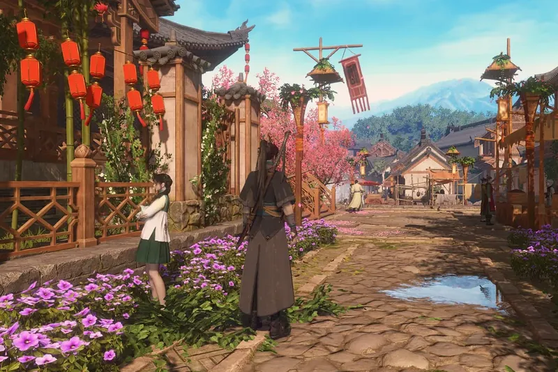 Two figures stand on a lantern-hung street lined with blossom and purple flowers in Gujian 3